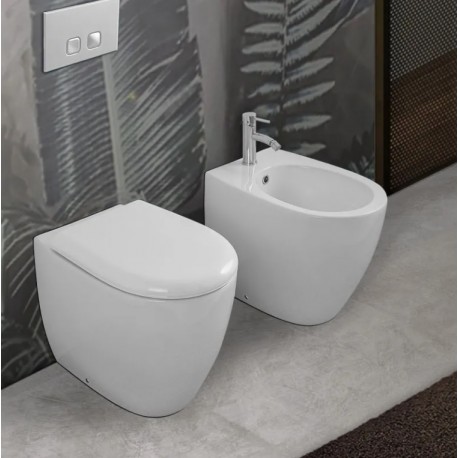 Sanitari per anziani Vaso senza brida rimless + bidet filo muro altezza 49  cm in ceramica bianca lucida serie full - Vendita Online ItaliaBoxDoccia