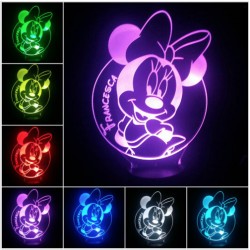 Lampada Minnie 3d personalizzabile con nome in plexiglass disegno inciso al laser e illuminazione led rgb con telecomando