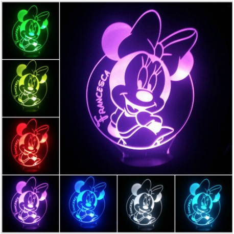 Lampada Minnie 3d personalizzabile con nome in plexiglass disegno inciso al laser e illuminazione led rgb con telecomando
