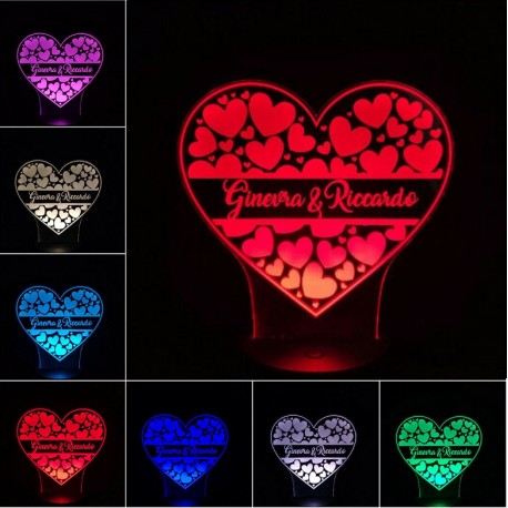 Lampada Cuore 3d personalizzabile con nome in plexiglass disegno inciso al laser e illuminazione led rgb con telecomando