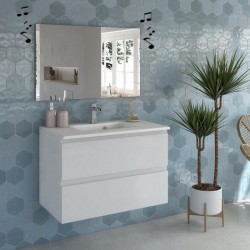 Mobile bagno larice bianco completo lavabo in ceramica + specchio led 100 x 60 cm con cassa bluetooth