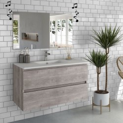 Mobile bagno rovere grigio completo lavabo in ceramica + specchio led 100 x 60 cm con cassa bluetooth