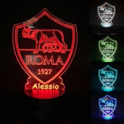 Lampada 3d Scudetto Roma personalizzabile con nome in plexiglass disegno inciso al laser e illuminazione led rgb con telecomando