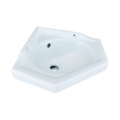 Lavabo ad angolo in ceramica bianca 36x36 cm predisposto per rubinetteria a parete serie stilo