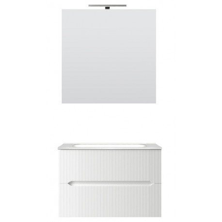 Mobile bagno sospeso bianco opaco Linea Ginevra Cannettato da 70 cm con lavabo, specchio e applique integrata