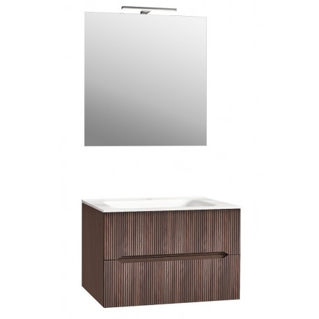 Mobile bagno sospeso Cannettato finitura noce gold Linea Ginevra da 70 cm con lavabo, specchio + applique integrata