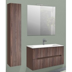 Mobile bagno sospeso + colonna Cannettato finitura noce gold Linea Ginevra da 70 cm con lavabo, specchio + applique integrata