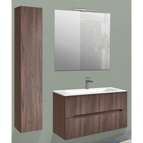 Mobile bagno sospeso + colonna Cannettato finitura noce gold Linea Ginevra da 70 cm con lavabo, specchio + applique integrata