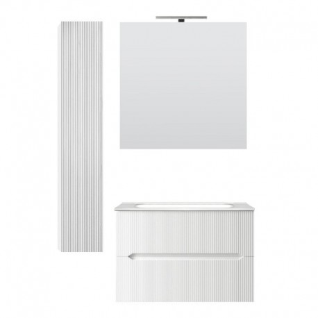 Mobile bagno sospeso + colonna Cannettato finitura bianco opaco Linea Ginevra da 90 cm con lavabo, specchio + applique integrata