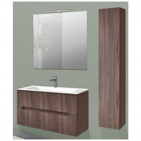 Mobile bagno sospeso + colonna Cannettato finitura noce gold Linea Ginevra 90 cm con lavabo, specchio + applique integrata