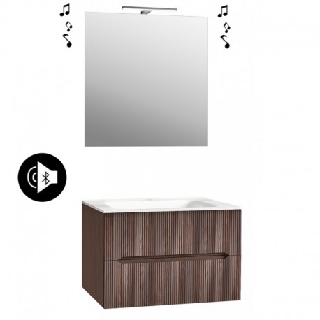 Mobile bagno sospeso Cannettato finitura noce gold Linea Ginevra da 70 cm con lavabo, specchio bluetooth + applique integrata