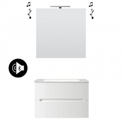 Mobile bagno sospeso Cannettato finitura bianco opaco Linea Ginevra da 70 cm con lavabo, specchio bluetooth + applique integrata