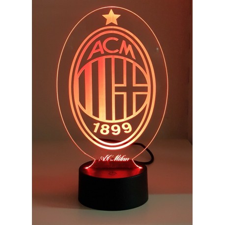 Lampada 3d Scudetto Milan in plexiglass disegno inciso al laser e illuminazione led rgb con telecomando