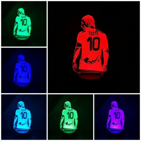 Lampada 3d FRANCESCO TOTTI as roma in plexiglass disegno inciso al laser e illuminazione led rgb con telecomando