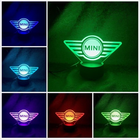 Lampada 3d MINI COOPER S in plexiglass disegno inciso al laser e illuminazione led rgb con telecomando