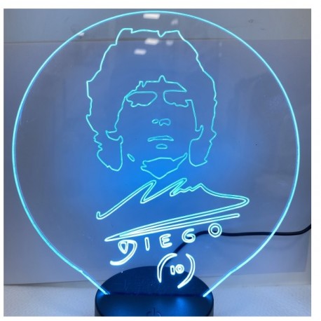 Lampada 3d Volto Diego Armando Maradona in plexiglass disegno inciso al laser e illuminazione led rgb con telecomando