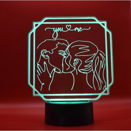 Lampada 3d You ♡ Me in plexiglass disegno inciso al laser e illuminazione led rgb con telecomando