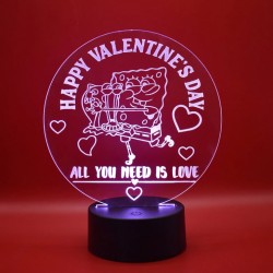 Lampada 3d Happy Valentine's Day in plexiglass disegno inciso al laser e illuminazione led rgb con telecomando