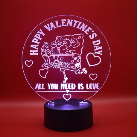 Lampada 3d Happy Valentine's Day in plexiglass disegno inciso al laser e illuminazione led rgb con telecomando