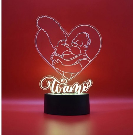 Lampada 3d Simpson "Ti amo" in plexiglass disegno inciso al laser e illuminazione led rgb con telecomando