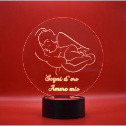 Lampada 3d "Sogni d'oro Amore mio" in plexiglass disegno inciso al laser e illuminazione led rgb con telecomando