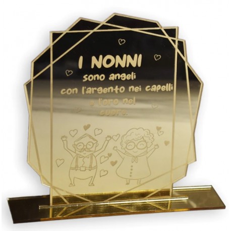 Targhetta in plexiglass oro specchiato e base con due nonni e dedica