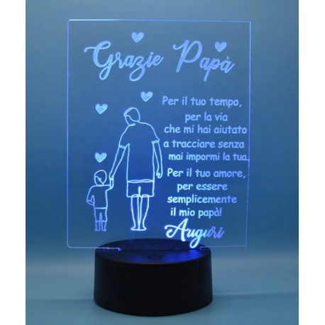 Lampada 3d Grazie Papà in plexiglass disegno inciso laser illuminazione led rgb con telecomando