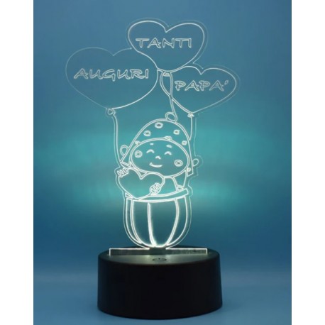 Lampada 3D Tanti Auguri Papà in plexiglass disegno inciso laser illuminazione led rgb con telecomando