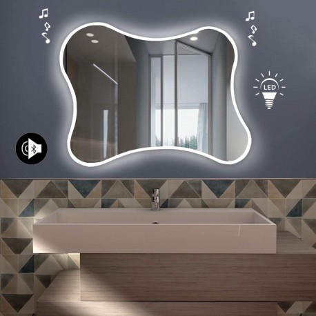 Specchio da Bagno sagomato con Altoparlante Bluetooth e Disegno Sabbiato Retroilluminato led 20W