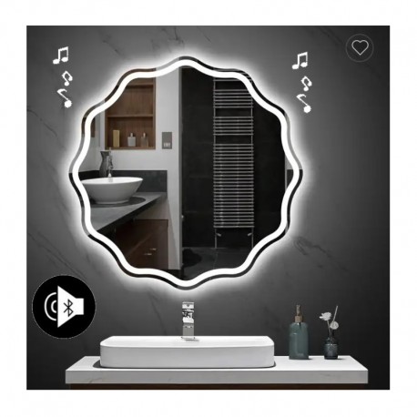 Specchio da Bagno Rotondo irregolare con Altoparlante Bluetooth e Disegno Sabbiato Retroilluminato led 20W art. spe111