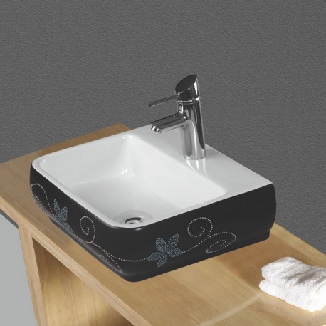 Lavabo d'appoggio in ceramica con rappresentazione floreale blu in rilievo 47 cm larghezza x 38,5 cm profondità