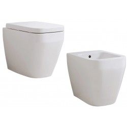 Sanitari Filo Muro Vaso con Coprivaso a chiusura rallentata + Bidet modello sott'acqua marca Isvea Bianchi lucidi