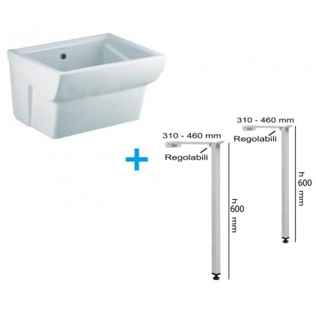 Vasca Lavatoio Largh. 60 x Prof. 50 cm in Ceramica Bianca marca ceramica dolomite su staffe in acciaio H.60 cm.