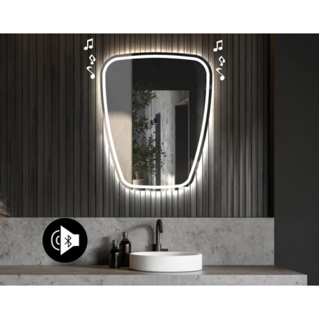 Specchio irregolare da Bagno con Altoparlante Bluetooth Retroilluminato led 20W con fascia sabbiata art. spe9334