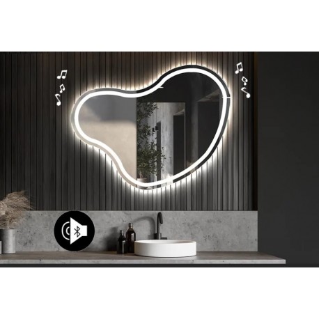 Specchio irregolare da Bagno con Altoparlante Bluetooth Retroilluminato led 20W con fascia sabbiata art. spe9434