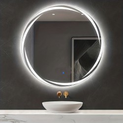 Specchio Bagno Tondo Su Misura Filo Lucido con disegno sabbiato Retroilluminante led 20W e pulsante touch integrato art. easy02