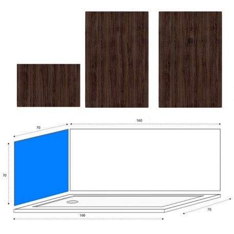 Piatto Doccia 70x160 h.3 cm + nr. 2 Pannelli in pietra sintetica finitura noce scuro per sostituzione vasca