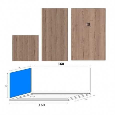 Piatto Doccia 70x160 h.3 cm. in pietra sintetica + nr. 2 Pannelli in policarbonato finitura rovere per sostituzione vasca