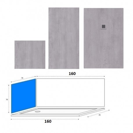 Piatto Doccia 70x160 h.3 cm. in pietra sintetica + nr. 2 Pannelli in policarbonato finitura cemento per sostituzione vasca