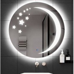 Specchio Bagno Tondo Filo Lucido con disegno sabbiato Retroilluminante Stella e Luna led 20W e pulsante touch integrato