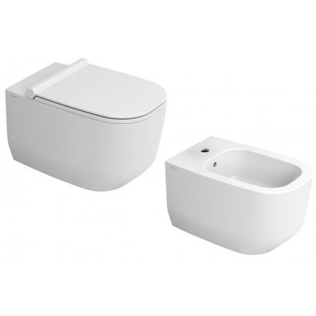 Sanitari sospesi Alba con fissaggio nascosto di Dolomite Vaso con tecnologia rimless + Bidet in Ceramica Bianco Lucido