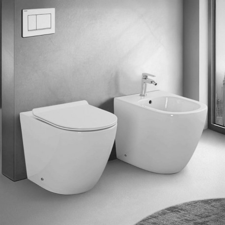 Sanitari NUBES Filomuro Vaso senza brida (sistema rimfree) + Bidet in Ceramica Bianca Lucida