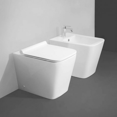 Sanitari PLUMA Filomuro Vaso senza brida (sistema rimfree) + Bidet in Ceramica Bianca Lucida