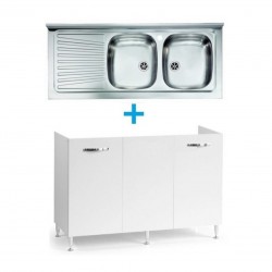 Mobile sottolavello bianco frassinato 120x50 + lavello inox 2 vasche con gocciolatoio a sinistra