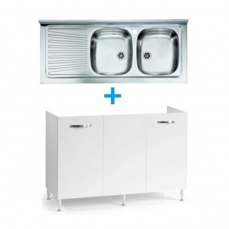 Mobile sottolavello bianco frassinato 120x50 + lavello inox 2 vasche con gocciolatoio a sinistra