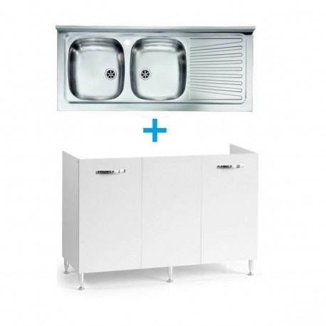 Mobile sottolavello bianco frassinato 120x50 + lavello inox 2 vasche con gocciolatoio a destra