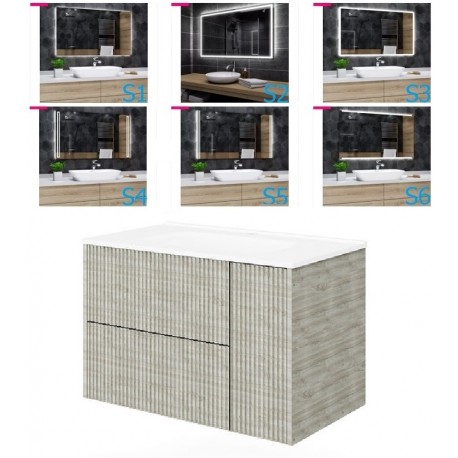 Mobile bagno cannettato Legno nordico 81x46 cm. completo di lavabo in ceramica + specchio led da selezionare in fase di ordine