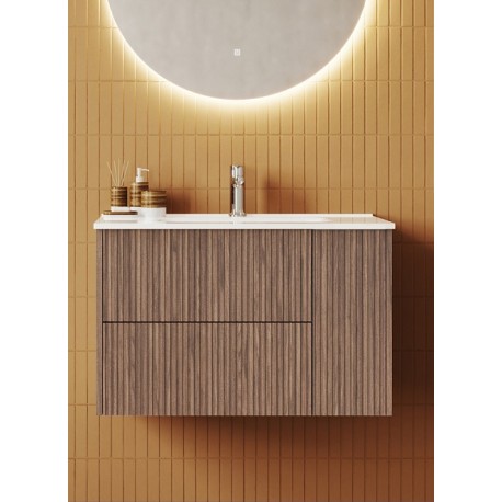 Mobile bagno cannettato tabacco 81x46 cm. completo di lavabo in ceramica + specchio led da selezionare in fase di ordine