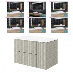 Mobile bagno cannettato Legno nordico 101x46 cm. completo di lavabo in ceramica + specchio led da selezionare in fase di ordine