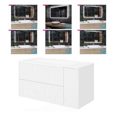 Mobile bagno cannettato bianco opaco 101x46 cm. completo di lavabo in ceramica + specchio led da selezionare in fase di ordine